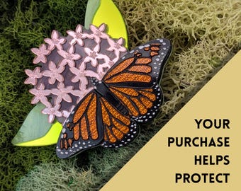 Monarch butterfly on milkweed brooch // mirror + fabric-embedded acrylic