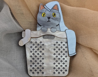 Laundry cat brooch // pearl + mirror acrylic