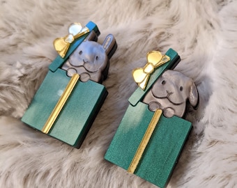 Bunny present brooch // pearl + mirror acrylic
