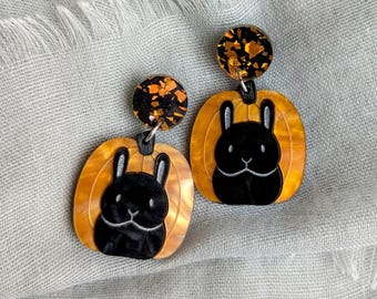 Pumpkin bunny dangle earrings // pearl + glitter acrylic with titanium posts