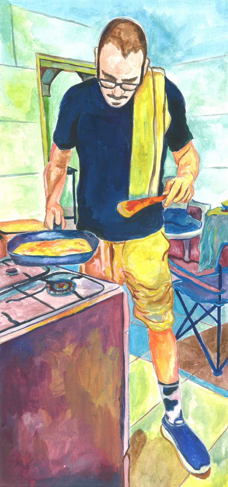 man cooking in the kitchen - watercolor artwork