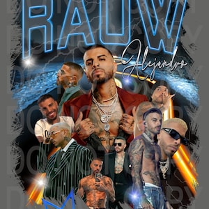 May include: A collage of images featuring a man with a beard and tattoos. The images are arranged in a grid pattern and include a variety of poses and settings. The text "RAUW Alejandro" is written in blue neon letters at the top of the image.