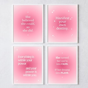 Juego de 4 carteles de manifestación femenina, arte mural rosa femenino para dormitorio, decoración de oficina motivacional y moderna para mujeres, arte inspirador para el empoderamiento femenino.