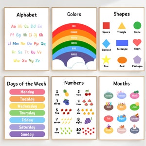 Set mit 6 Lernpostern für Kleinkinder, Baby Lernposter, Zählen von Zahlen, Kindergarten-Wanddeko, Montessori druckbare Tabelle