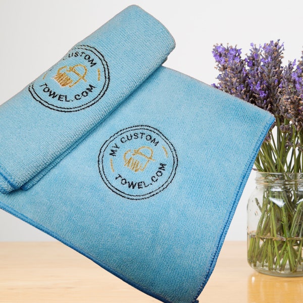 Custom Microfiber Cleaning Cloth; Personalized Embroidered Towels. Customized w/ Your Text or Logo! Superior Housekeeping Business Promotion