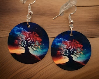 Cat Earrings, Double-Sided, Sublimation Earrings, Circle Earrings, Dangle Jewelry, Gifts for her, Tree, Tree Art, Galaxy Art, Tree Earrings