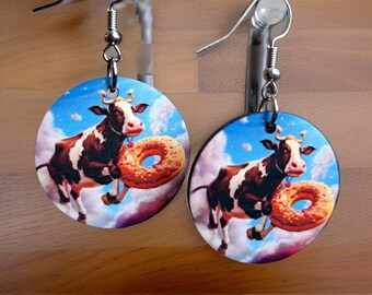 Cow Earrings, Double-Sided, Sublimation Earrings, Cows, Circle Earrings, Dangle Jewelry, Gifts for her, Cow And Donut Earrings, Cow Art