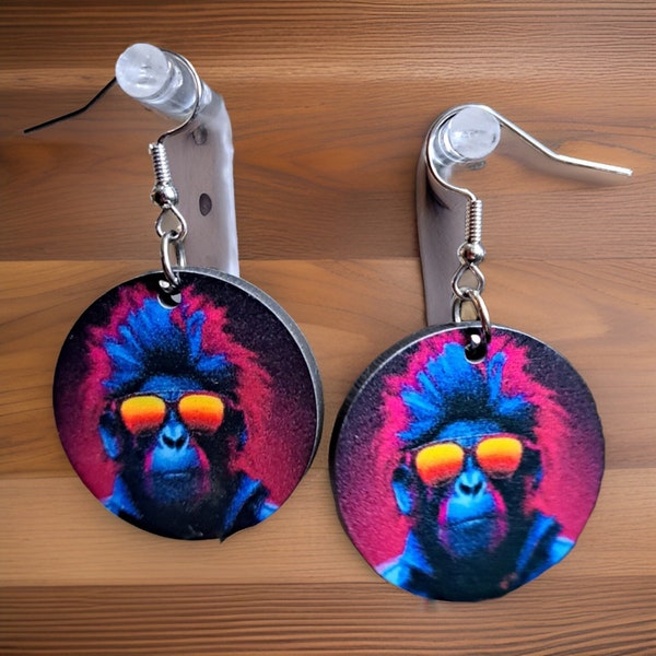 Cat Earrings, Double-Sided, Sublimation Earrings, Circle Earrings, Dangle Jewelry, Gifts for her, Monkey, Neon Monkey, Punk Monkey, Monkeys