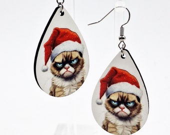 Grumpy Cat Earrings, Double-Sided Sublimation Earrings, Grumpy Cat Teardrop Earrings, Dangle Jewelry Gifts for her, Christmas Earrings, Cats
