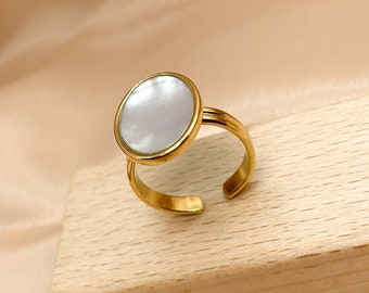 Bague Ovale | Pierre Naturelle | Nacre | Anneau Ajustable | Acier inoxydable | Cadeau femme