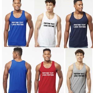 May include: Six tank tops in different colors, including blue, white, navy, royal blue, red, and gray. Each tank top features the text "CUSTOM TEXT LOGO-PICTURE" printed in black.
