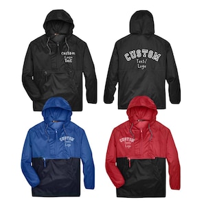 Customizable Hooded Coach Jacket, Personalized Nylon Rain Jacket, custom logo text rain windbreak jacket, quarter zip up rain team jacket