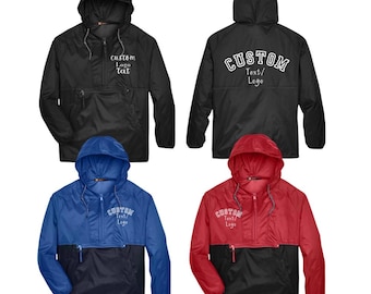 Customizable Hooded Coach Jacket, Personalized Nylon Rain Jacket, custom logo text rain windbreak jacket, quarter zip up rain team jacket