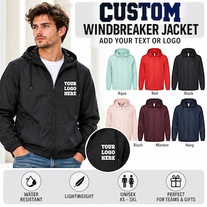 May include: A custom windbreaker jacket with a hood and front zipper. The jacket features the text YOUR LOGO HERE on the chest. Available in aqua, red, black, blush, maroon, and navy colors, this lightweight, water-resistant jacket is unisex.