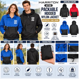 May include: A Harriton M750 packable hooded nylon jacket featuring a center-zip pocket, drawstring hood, elastic cuffs, and hem draw cord. The jacket is water-resistant, wind-resistant, and includes a matching packable pouch for storage.