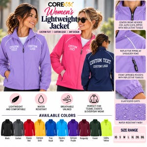May include: A lightweight jacket featuring a center front reverse coil auto-lock zipper with a reflective toggle, reflective piping at the shoulder yoke, front zippered pockets, and elasticized cuffs. The jacket is available in multiple colors.