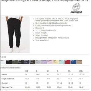 May include: Black midweight fleece sweatpants with an elastic waistband and shoestring drawcord. The pants have a relaxed fit, ankle cuffs, and back pockets. The image also shows a color chart with options like navy, grey heather, and red.