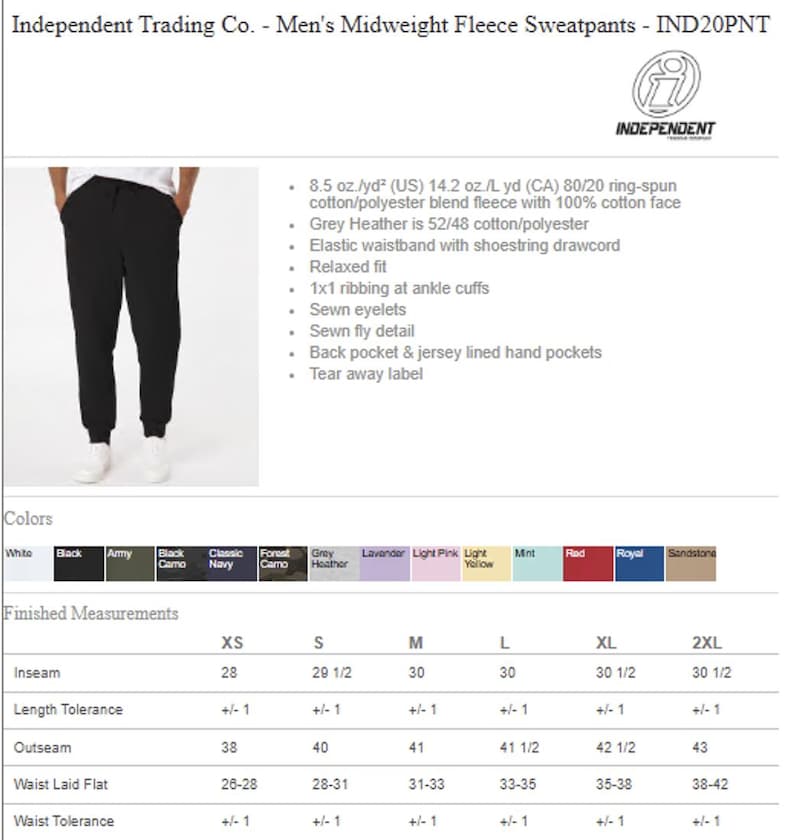 May include: Black midweight fleece sweatpants with an elastic waistband and shoestring drawcord. The pants have a relaxed fit, ankle cuffs, and back pockets. The image also shows a color chart with options like navy, grey heather, and red.