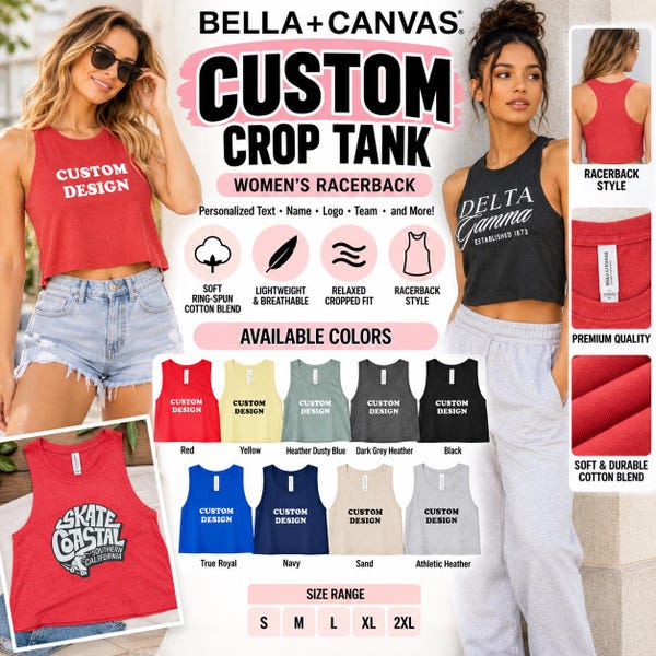 Custom Racerback Crop Tank Top: Bella Canvas Cotton Blend racerback crop tank, customize your cotton racerback flowy crop tank