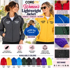 May include: A Core365 lightweight jacket featuring a center front reverse coil auto-lock zipper with a reflective toggle, reflective piping at the shoulder yoke, front zippered pockets, and elasticized cuffs. Available in various colors.