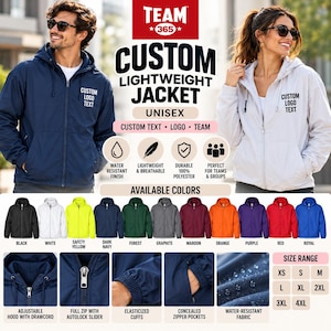 May include: A custom lightweight unisex jacket featuring a full-length zipper, an adjustable hood with drawcords, elasticized cuffs, and concealed zipper pockets. The jacket is available in multiple colors and made of water-resistant polyester fabric.