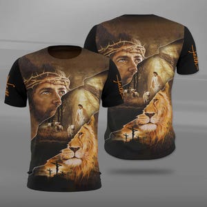 Jesus and Lion of Judah 3D Christian T-Shirt – Crown of Thorns, Faith & Cross Design Tee