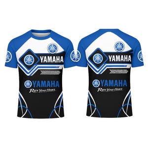 Custom Yamaha Racing Performance T-Shirt – Blue & Black “Rev Your Heart” Graphic with Yamaha Logos
