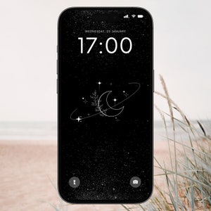 Moon and Stars Dark Aesthetic iPhone Wallpaper Black Night Aesthetic iPhone Background Black & White Line Art Moon Star Phone Wallpaper