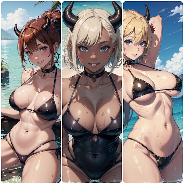 Collection MEGA Horny & Wet Waifu AI # 17 - 520 jolies filles animées avec des cornes en bikini - Maillot de bain Pretty Demon Succube Succubus Oeuvres d'art