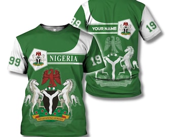 ナイジェリアのジャージーシャツ（名前入り）、グリーンホワイトのナイジェリアプライドTシャツ、紋章入りグラフィック、ユニセックスのナイジェリアファン向けギフト