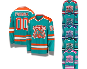 Camiseta de hockey personalizada con tu nombre y número – Uniforme de equipo personalizado, varios colores, camiseta unisex de hockey sobre hielo para adultos y jóvenes aficionados.