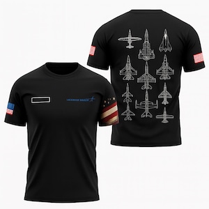 Custom Lockheed Martin Jet Blueprint T-Shirt – Military Aircraft Lineup & USA Flag Sleeve Design