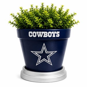 May include: A dark blue ceramic flower pot featuring the white text COWBOYS and a white star logo on the front. The pot sits on a silver circular base and contains a small, dense green plant with numerous tiny leaves filling the top opening.