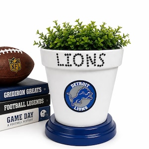 May include: A white ceramic flower pot featuring the word LIONS in black studs and the Detroit Lions logo. The pot sits on a blue circular base and contains a green artificial plant. Beside it are three books and a brown leather football.