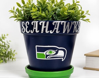 Seattle Seahawks Flower Pot: Painted Terra Cotta Snack Bowl - Decals Vary!!! May Not Be The Same Ones Shown - Plant NOT Included