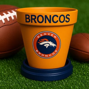 Denver Broncos Flower Pot - Orange & Blue NFL Decor - 6 " Candy Or Snack Dish - Broncos Fan Gift - DECALS VARY! May Not Be The Same As Shown