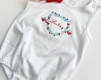 Personalized embroidered baby romper- custom name and patriotic floral crest design