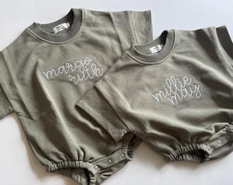 Deep Green Tshirt Bubble Romper Custom Name Embroidery- Baby Announcement