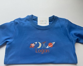 Space Baby Toddler Boys Royal Blue Name Embroidered Tee
