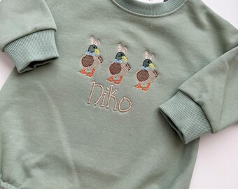 Genderneutraal geborduurde eend Trio - wilde eend - lichtgroene bubble romper met lange mouwen - baby en peuter gepersonaliseerd Pasen