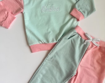 Colorblock Pink and Blue Custom Embroidered Baby Toddler Set- Long Sleeve- Spring Set