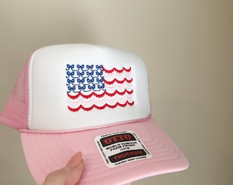Fourth of July- Memorial Day- Scalloped American Flag Embroidered Foam Trucker Hat- Adult Hat- Otto Trucker Hat