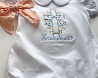He Is Risen Embroidered Shirt, Easter Cross Outfit for Girls, Christian Easter Romper, Peter Pan Collar Dress, Baby Girl Easter Outfit
