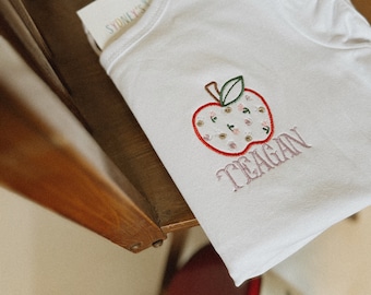 Back To School Toddler Youth Personalized Embroidered Ruffle Tee Floral Apple Pre School Kindergarten Elementary