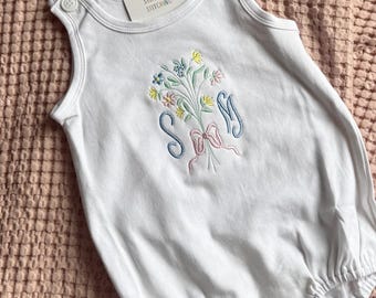 Personalized Baby Romper with Floral Embroidery & Bow | Custom Monogram Baby Outfit | Vintage Style Baby Girl Bodysuit | Newborn Gift