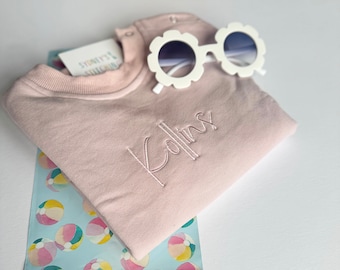 Blush Ballet Pink Long Sleeve Bubble Romper With Personalized Embroidered Name Baby