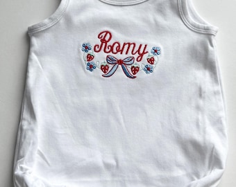 Personalized Baby Romper | Custom Name Embroidered Bodysuit | Strawberry Bow Baby Outfit | Cotton Sun Bubble