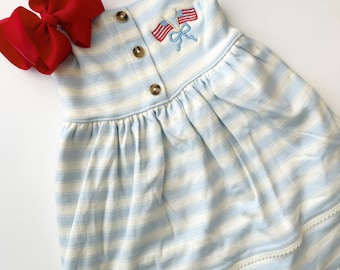 Patriotic Baby Girl Dress- Red, White, and Blue - 4th of July Outfit with Embroidered Flags - Summer Toddler Dress
