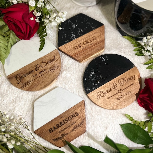 Custom Personalized Engraved Marble Wood Coasters, Personalized Gifts for Housewarming, Wedding, Anniversary, Holidays, and many occasions!