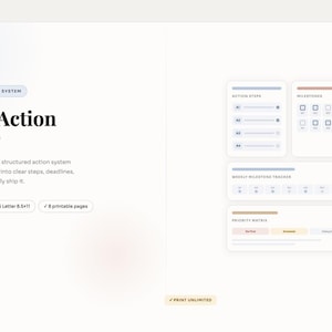Può includere: Un pianificatore di progetti digitale intitolato "Project Action Planner" con un sistema di azione strutturato. Il design include sezioni per le fasi di azione, i traguardi e un tracker settimanale dei traguardi. Il pianificatore è disponibile per il download immediato ed è US Letter 21,59 x 27,94 cm.